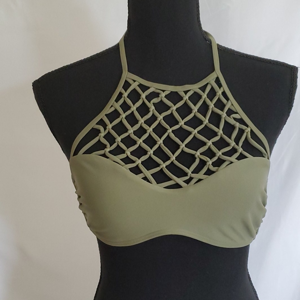 Hollister Women's Army Green Bikini Small Swim Top